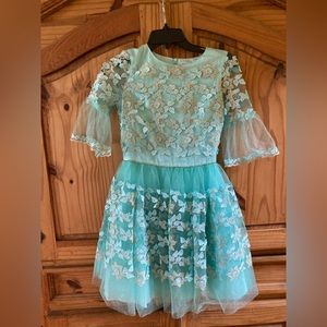 Girls David Charles green silver flowers lace bell sleeves dress size 12